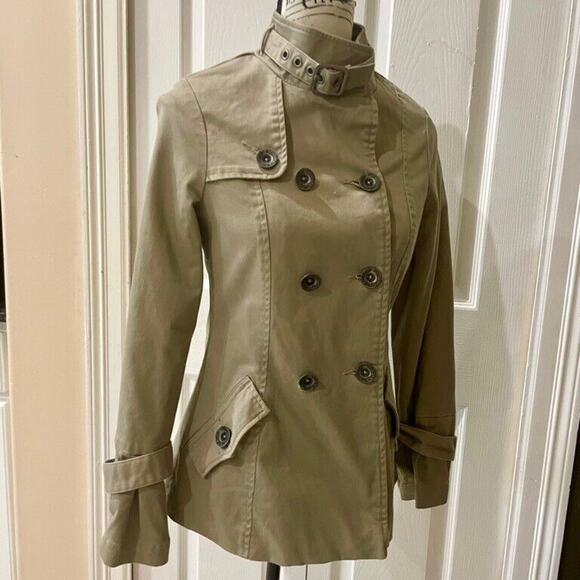 Y2K OAKLEY TRENCH COAT KHAKI SZ XS PEA COAT MILITARY STYLE VERSATILE AESTHETIC - Picture 3 of 16